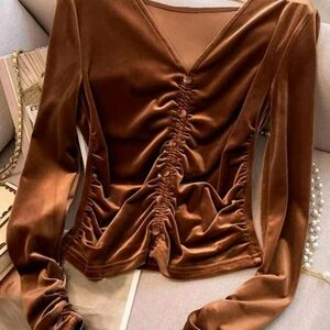Women Velvet Long-Sleeve Top - Coffee Brown